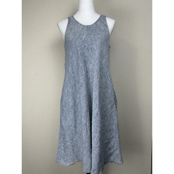 Lands' End 100% Linen A-line Midi Dress M/T 10-12 Sleeveless Pockets Gray/Blue - Picture 1 of 15